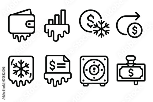 Finance and economy linear icon set. wallet, graph, currency, exchange, invoice, safe, seal