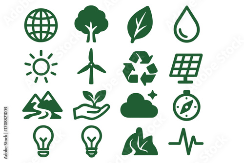 Eco-friendly silhouette icon set. featuring globe, tree, leaf, water, sun, wind, recycle, solar, mountain, plant