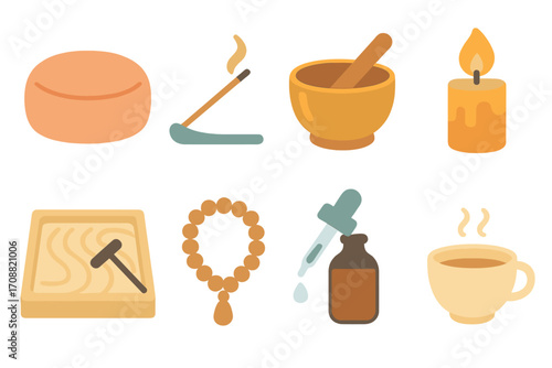 Wellness and relaxation flat icon set. featuring soap, incense, mortar, candle, zen garden, massage, essence, tea.