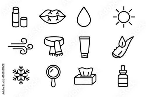 Winter essentials linear icon set. featuring lip balm, dry lips, moisturizer, sun, wind, scarf, lotion, aloe, snowflake, mirror, tissue, dropper