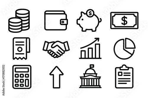 Finance silhouette icon set. featuring coins, wallet, piggy bank, money, receipt, handshake, growth chart, pie chart, calculator.