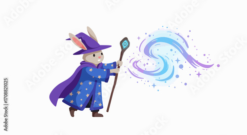 Adorable Rabbit Wizard Casting Magic with Starry Robe and Staff