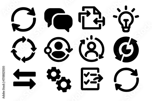 Business communication silhouette icon set. featuring refresh, chat, document, idea, people, gear, list, and arrows