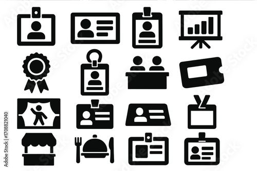 Conference and event silhouette icon set. featuring badges, tickets, presentation, catering, and award symbols