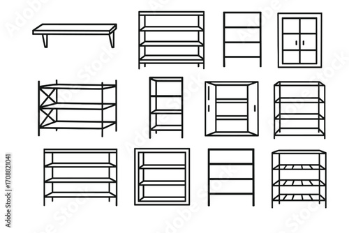 Furniture silhouette icons set. featuring table, bookshelf, cabinet, storage, and shelf designs