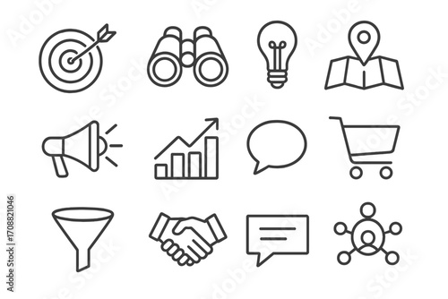 Business and marketing linear icon set. featuring target, binoculars, lightbulb, map, megaphone, and graph symbols