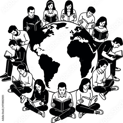 Diverse group of people reading books around the globe, symbolizing global knowledge and education.