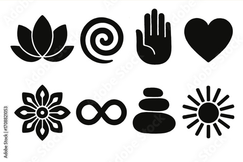 Wellness silhouette icon set. featuring lotus, spiral, hand, heart, flower, infinity, stones, and sun symbols