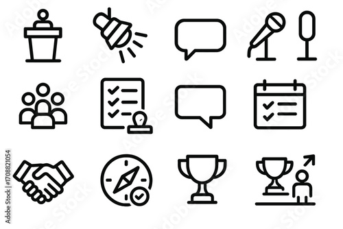 Business meeting linear icon set. featuring podium, spotlight, chat, microphone, audience, checklist, calendar, handshake, compass, and trophy symbols
