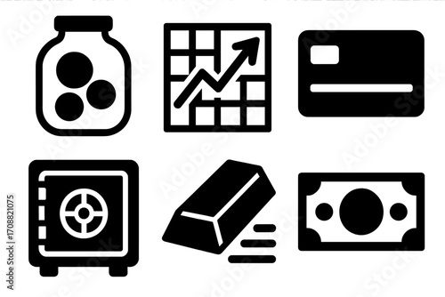 Financial elements silhouette icon set. featuring jar, chart, card, safe, bar, cash symbols