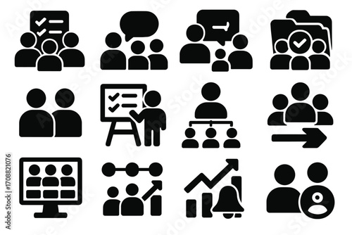Business management silhouette icon set. featuring communication, presentation, teamwork, strategy, growth, and analytics icons