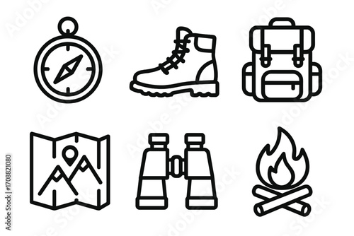 Camping essentials linear icon set. featuring compass, boots, backpack, map, binoculars, campfire
