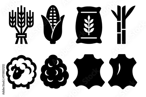 Agriculture silhouette icon set. featuring wheat, corn, feed sack, bamboo, sheep, cotton, leather symbols
