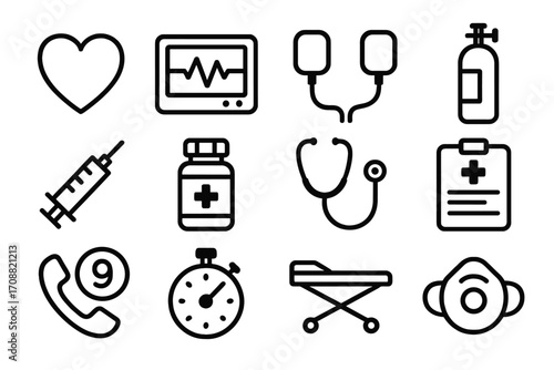Medical equipment linear icon set. featuring heart, monitor, defibrillator, oxygen, syringe, and stethoscope icons