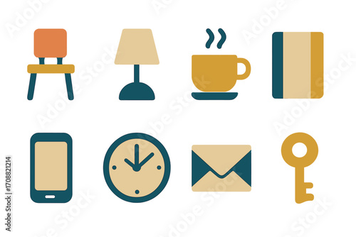 Home essentials silhouette icon set. featuring chair, lamp, cup, book, phone, clock, mail, key symbols