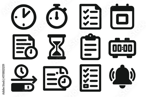 Time management silhouette icon set. featuring clock, stopwatch, calendar, checklist, hourglass, alarm icons