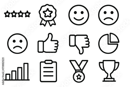 Feedback and rating linear icon set. featuring stars, badge, smiley, thumbs up, thumbs down, and chart icons