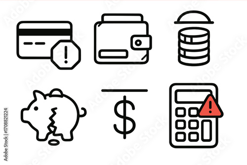 Financial issues linear icon set. featuring credit card, wallet, database, piggy bank, currency, and calculator symbols