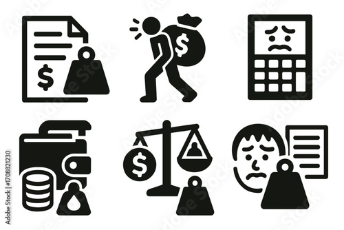 Finance and debt silhouette icon set. featuring money, debt, calculator, wallet, scales, concern