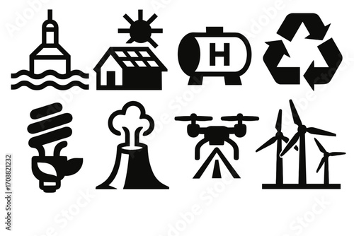 Renewable energy silhouette icon set. featuring wind turbine, solar panel, recycling, hydrogen, geothermal symbols
