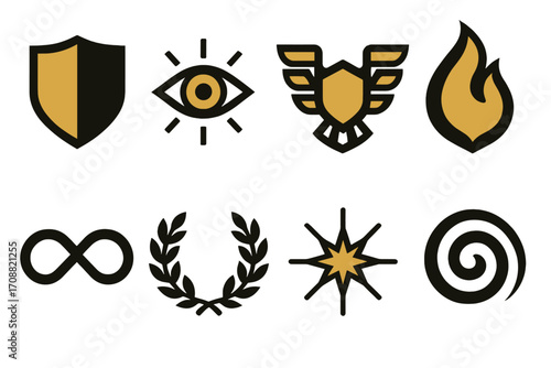 Military silhouette icon set. featuring shield, eye, badge, fire, infinity, wreath, star, spiral symbols