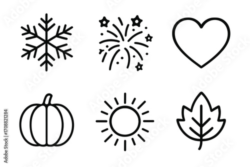 Seasonal silhouette icons set. featuring snowflake, fireworks, heart, pumpkin, sun, and leaf symbols