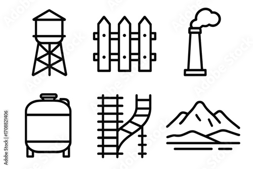 Industrial linear icon set. featuring water tower, fence, smokestack, tank, railway, and mountain.