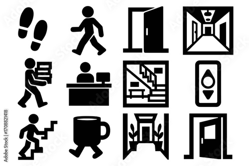 Office environment silhouette icon set. featuring walking, door, hallway, stairs, elevator, reception, and coffee cup symbols