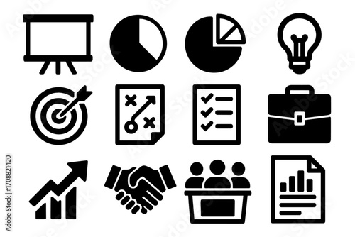 Business management silhouette icon set. featuring presentation, chart, light bulb, target, strategy, checklist, briefcase