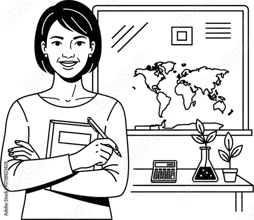 Smiling female teacher with arms crossed holding a notebook and pen in front of a world map and science equipment.