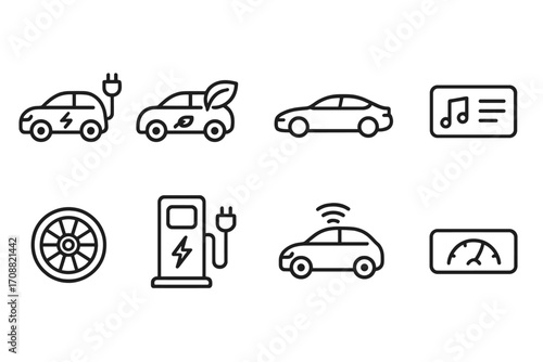 Electric vehicle linear icon set. featuring car, eco, charging, music, wheel, pump, wifi, speedometer symbols