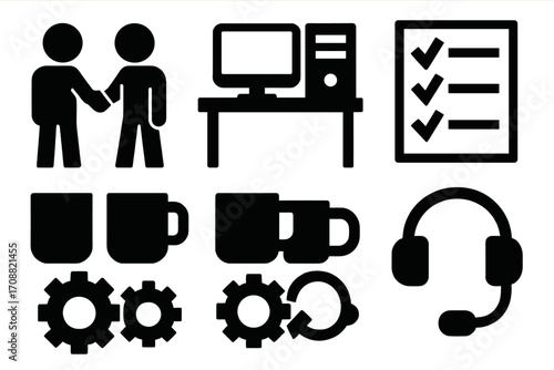 Office essentials silhouette icon set. featuring handshake, computer, checklist, mugs, gear, and headset symbols