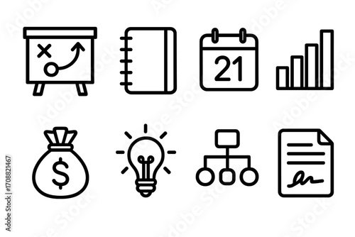 Business planning linear icon set. featuring strategy, notebook, calendar, growth, money, idea, hierarchy, contract