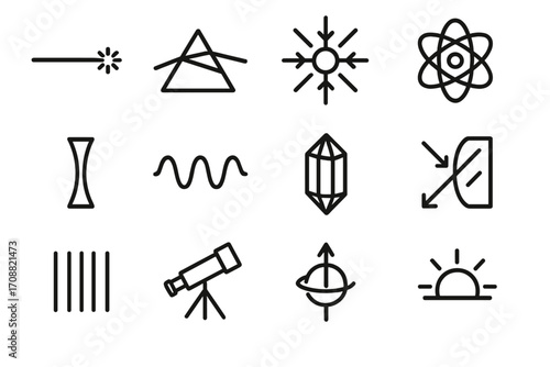 Science and physics linear icon set. featuring diffraction, refraction, crystal, telescope, atom, and wave symbols