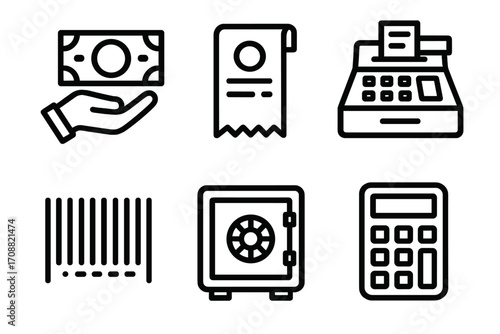 Finance linear icon set. featuring money, receipt, cash register, barcode, safe, calculator symbols