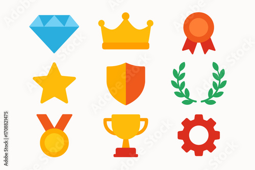 Awards and achievements flat icon set. featuring trophy, medal, crown, shield, gear, diamond, star, ribbon, laurel