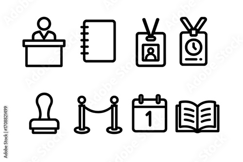 Conference and event linear icon set. featuring podium, notebook, badge, lanyard, stamp, barrier, calendar, book