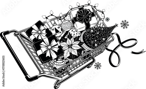 Festive holiday gifts and decorations fill a shopping cart, ready for Christmas.