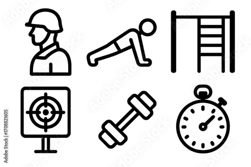 Military training linear icons set. featuring soldier, push-up, obstacle, target, dumbbell, stopwatch