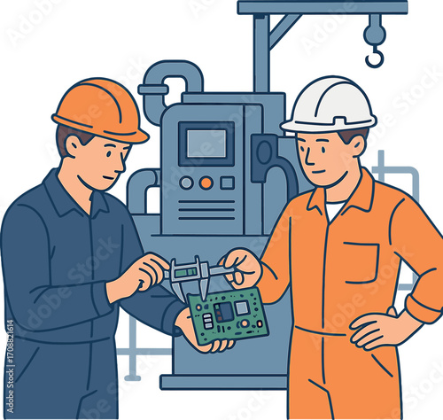 An engineer operates industrial machinery in a factory, while manual workers collaborate to measure an electronic component