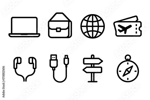Travel linear icon set. featuring laptop, bag, globe, ticket, headphones, usb, signpost, compass