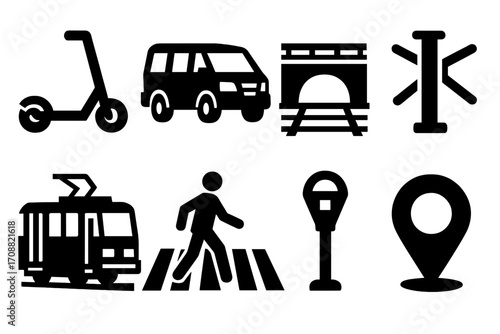 Transportation silhouette icon set. featuring scooter, van, tunnel, crosswalk, tram, pedestrian, parking meter, map marker
