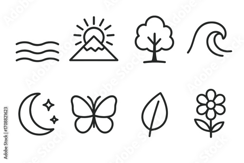 Nature silhouette icon set. featuring mountains, tree, wave, moon, butterfly, leaf, and flower symbols