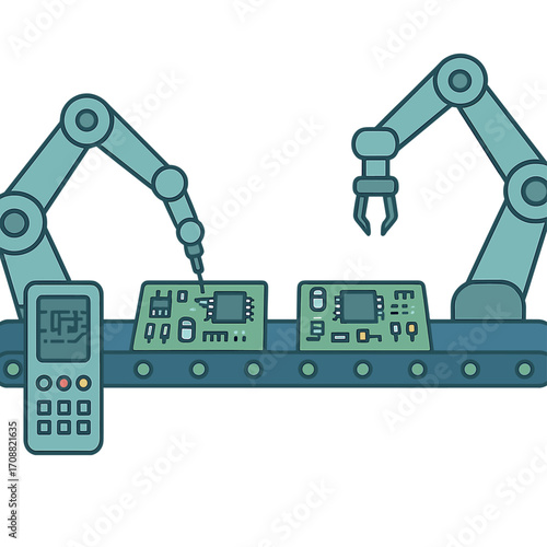 Automated PCB assembly line with high‑precision robotic arms for component installation and quality control in an electronics factory, serving the electronic device manufacturing sector