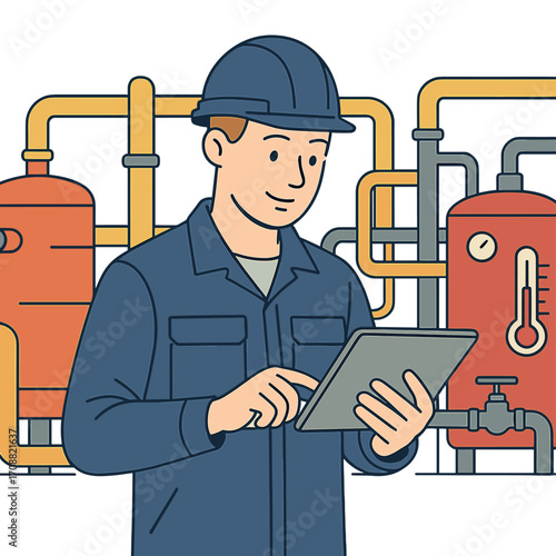 A young Caucasian man in work attire uses a tablet while standing in a heating plant