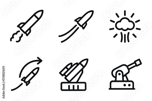 Space exploration silhouette icon set. featuring rocket, launch, weather, trajectory, missile, and launcher