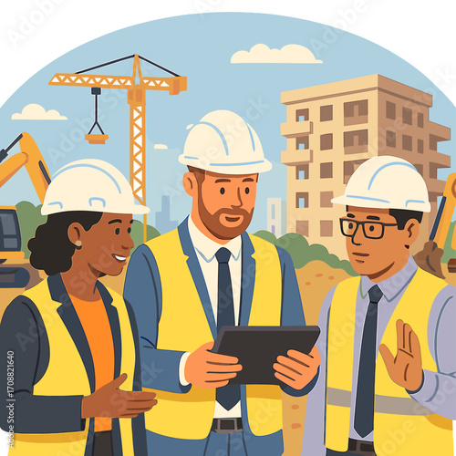 On a sunny day, a diverse team of male and female real estate developers, together with an engineer, architect, and inspector, discuss an apartment complex project at a construction site with