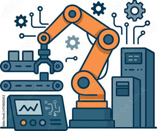 of an industrial machine featuring an automatic robotic arm, smart modern factory automation with advanced machines, and an industrial 4