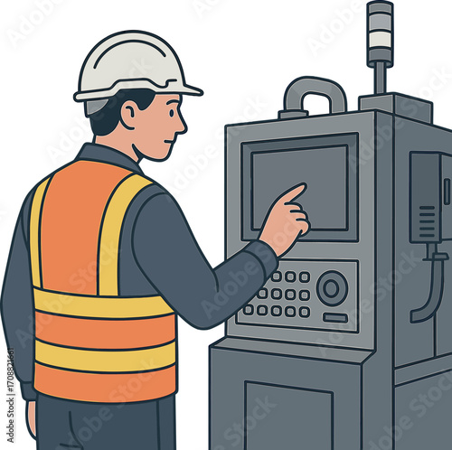 A mechanical engineer in a factory, wearing a reflective safety vest and white helmet, stands beside an industrial machine while monitoring a screen