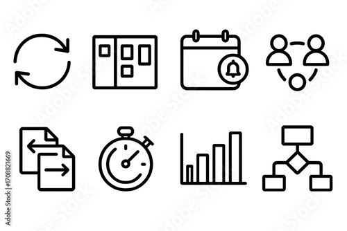 Project management linear icon set. featuring update, board, schedule, team, copy, timer, chart, and flowchart symbols
